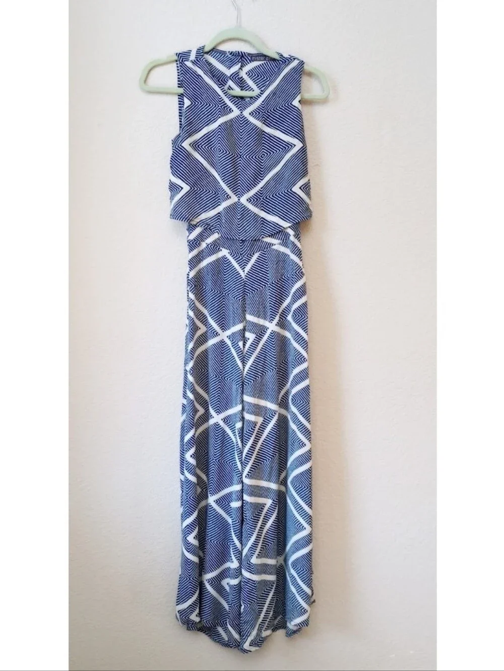 Mister Zimi blue and white geometric pattern pop-over wide-leg jumpsuit